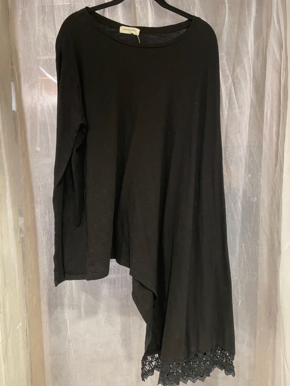 Asymmetrical Black Long Sleeve Tee with Lace Hem